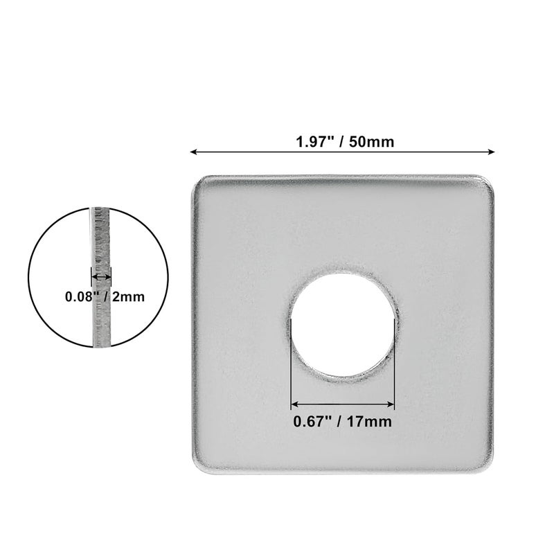 Coufce 10pcs M16 Square Bearing Plate Washer, 304 Stainless Steel Flat Pad Spacer Gasket Hardware Fastener, Heavy Duty Square Washers Plate, 0.67"(ID) x1.97"x1.97"x0.08" - Image 2
